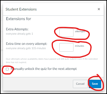 Canvas Student Extensions dialog with extra attempts, extra time and the manual unlock checkbox