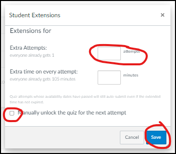 Canvas Student Extensions dialog with the manual unlock checkbox selected