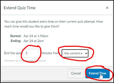 Canvas Extend Quiz Time dialog