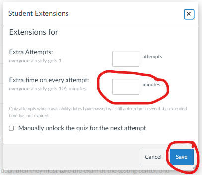 Canvas Student Extensions dialog with the extra time field